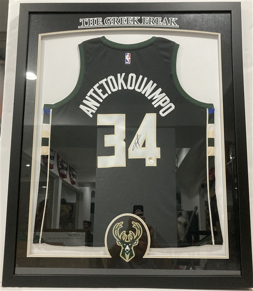 2013-present Giannis Antetokounmpo Milwaukee Bucks Signed 34x43 Framed Jersey *JSA*