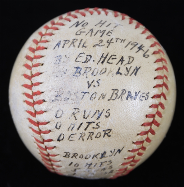 1946 (April 23) Ed Head Brooklyn Dodgers ONL Frick No Hitter Game Used Baseball (MEARS LOA) 