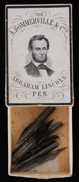 1860s Abraham Lincoln 16th President of the United States A. Sommerville Pens Box  w/ 10 Nibs