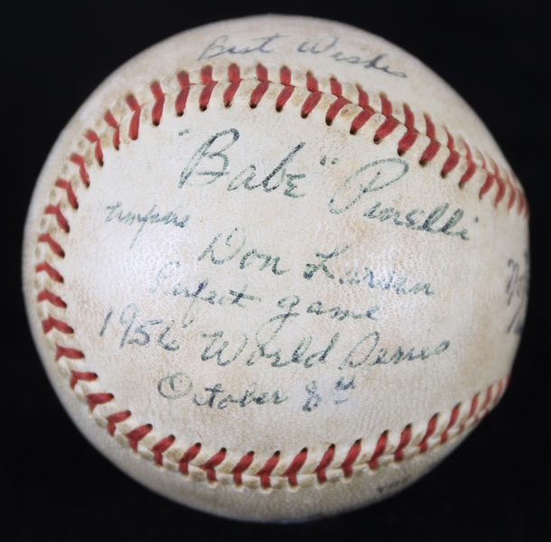1956 (October 8) Babe Pinelli Umpire Signed ONL Giles Don Larsen World Series Perfect Game Used Baseball (MEARS LOA/JSA)