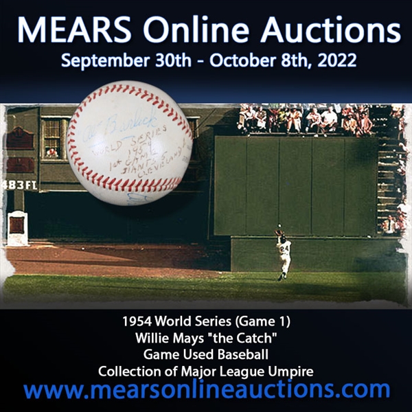 1954 (September 29) Umpire Signed New York Giants Cleveland Indians Polo Grounds ONL Giles World Series Game Used Baseball (MEARS LOA/JSA) Willie Mays Catch Game