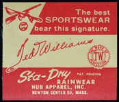 1960s Ted Williams Sta-Dry Rainwear Hub Apparel Tag