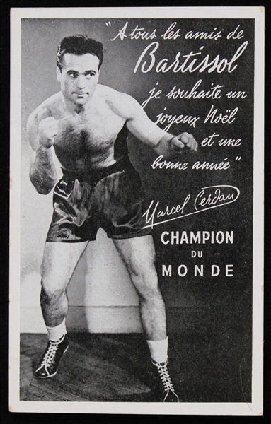 1940s Marcel Cerdan World Middleweight Champion 3.25" x 5.25" French Language Bartissol Advertising Card 