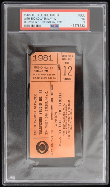 1965 Original Superman Actor "To Tell the Truth" w/ Bud Collyer Television Studio No. 62 NYC Full Ticket (PSA VG 3) 