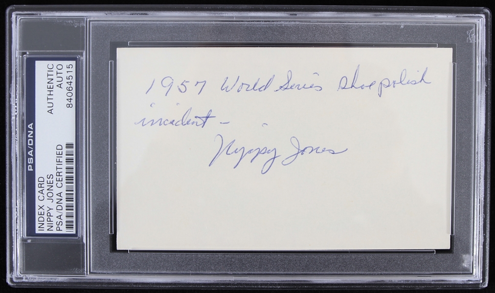 1957 Nippy Jones Milwaukee Braves "World Series Shoe Polish Incident" Signed Index Card (PSA/DNA Slabbed) 