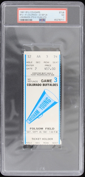 1981 BYU Cougars vs Colorado Buffaloes Jim McMahon 3 TD/Steve Young 2 TD Ticket Stub (PSA NM 7) 