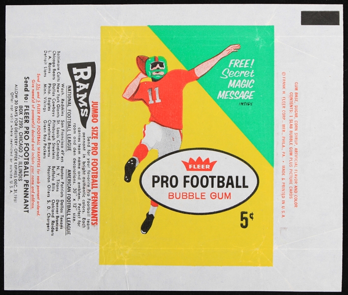 1961 Fleer Original Pro Football Bubble Gum 5 Cent Wax Pack Wrapper 