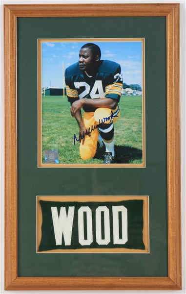 1969 Willie Wood Green Bay Packers Signed Photo w/ Jersey Name Plate 13x21 Framed Display (JSA)