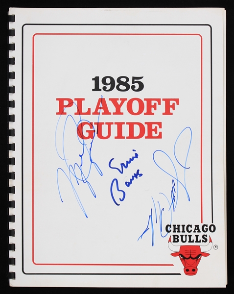1985 Michael Jordan Walter Payton Ernie Banks Signed Chicago Bulls Playoff Guide (JSA)