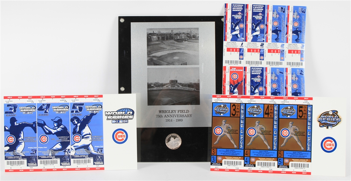 1989-2004 Chicago Cubs Memorabilia - Lot of 4 w/ Ghost Playoff Ticket Sheets & 10.5" x 14" Wrigley Field 75th Anniversary Display