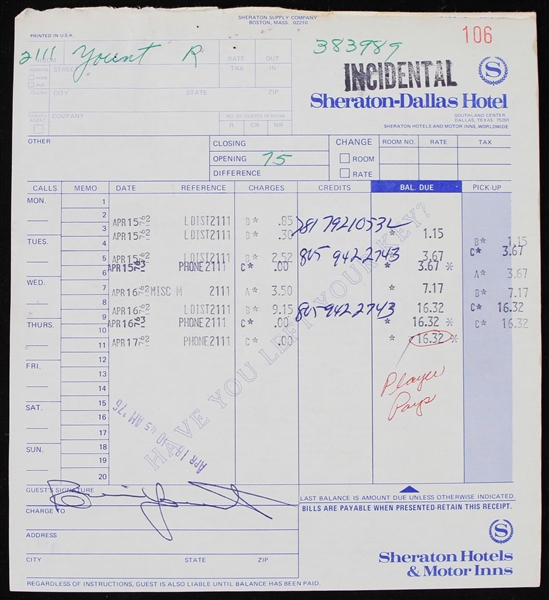 1976 Robin Yount Milwaukee Brewers Signed Sheraton Dallas Incidental Bill (JSA)
