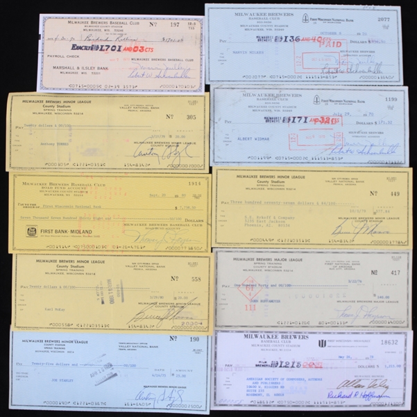 1970s-80s Milwaukee Brewers Signed Checks - Lot of 17 w/ Marvin Miller, Bud Selig & More 
