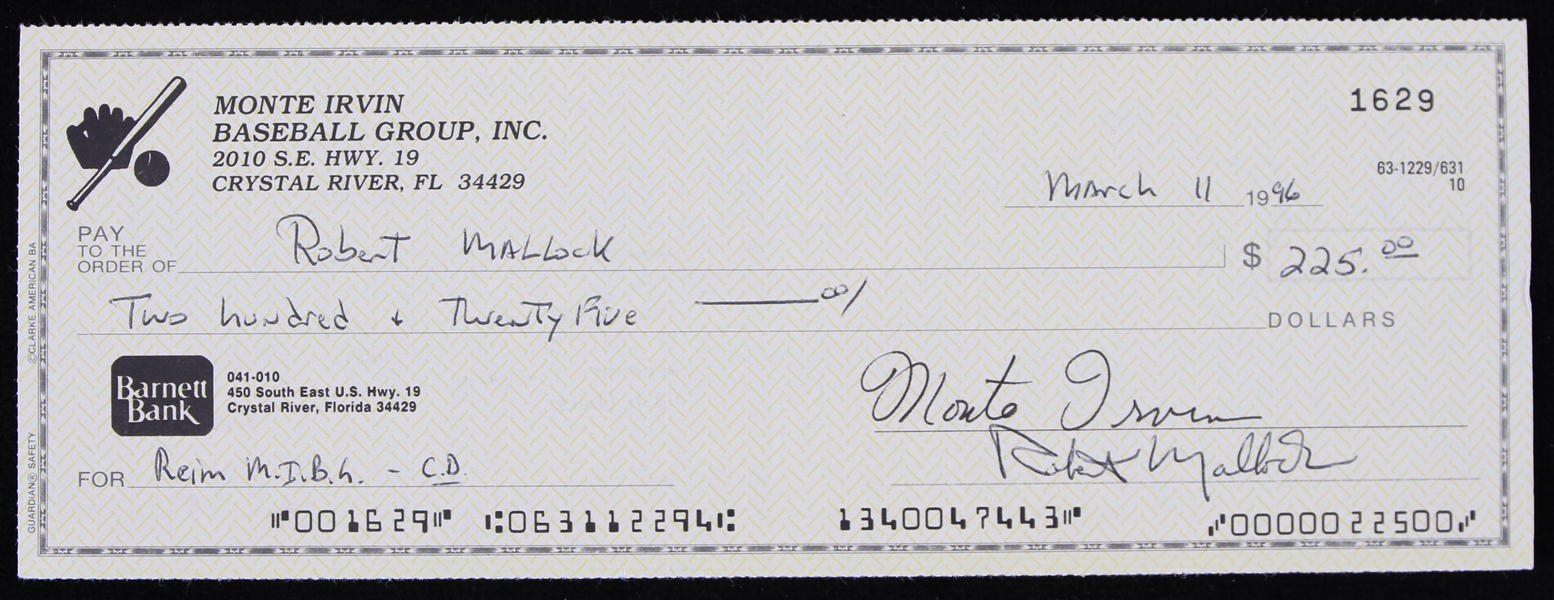 1996 Monte Irvin New York Giants Negro Leagues Signed Check 