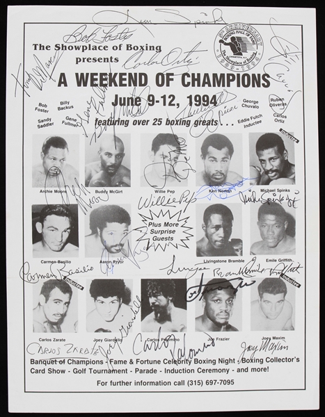 1994 A Weekend of Champions Multi Signed Boxing Flyer w/ 20+ Signatures Including Joe Frazier, Ken Norton, Carmen Basilio, Archie Moore & More (JSA) 
