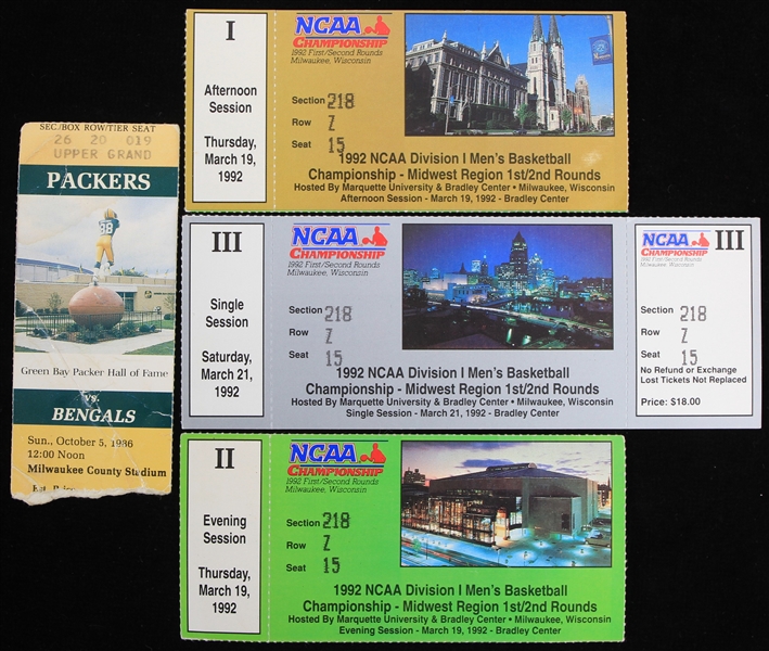1986-92 Green Bay Packers County Stadium & NCAA Tournament Bradley Center Ticket & Stubs - Lot of 4 