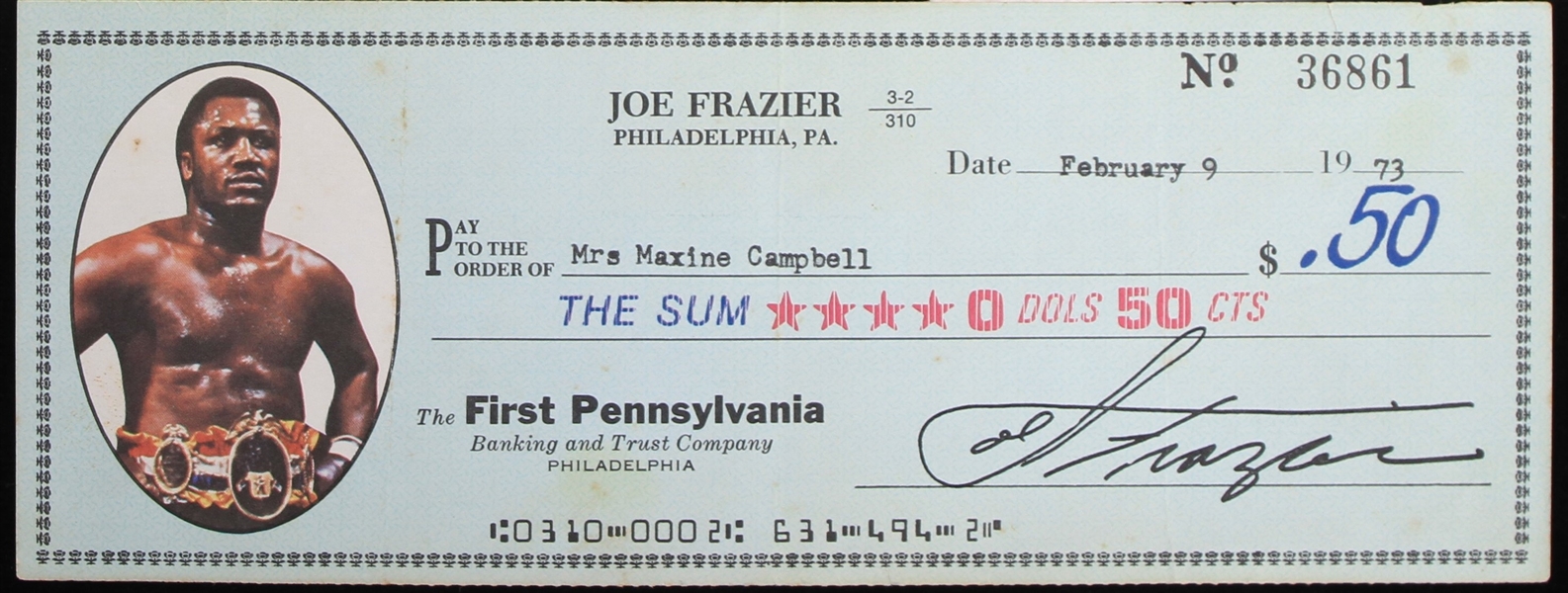 1973 Joe Frazier World Heavyweight Champion Signed Check (JSA)