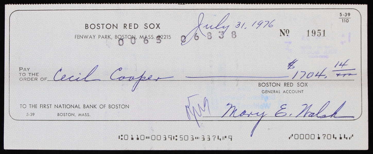 1976 Cecil Cooper Boston Red Sox Signed Check (JSA)