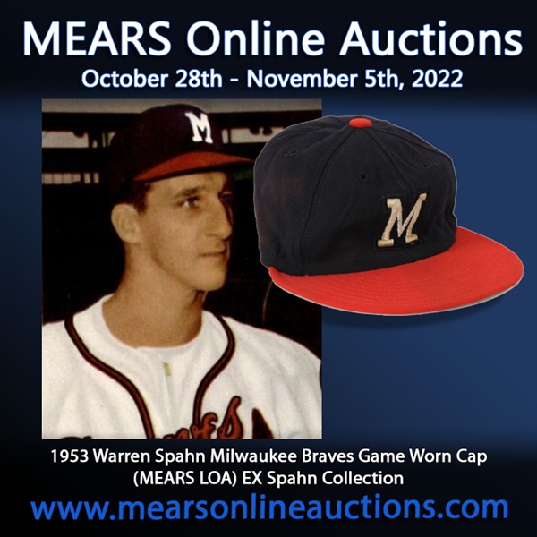 1953 Warren Spahn Milwaukee Braves Game Worn Cap (MEARS LOA) EX Spahn Collection