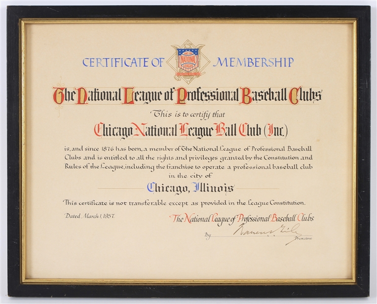 1957 Chicago Cubs National League of Professional Baseball Clubs 12" x 15" Framed Certificate of Membership Signed by NL President Warren Giles