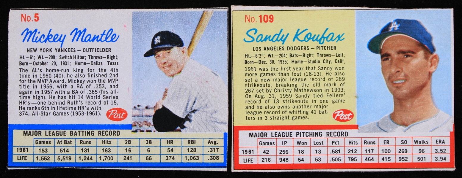 1962 Mickey Mantle Sandy Koufax Posts Cereal Baseball Trading Cards - Lot of 2