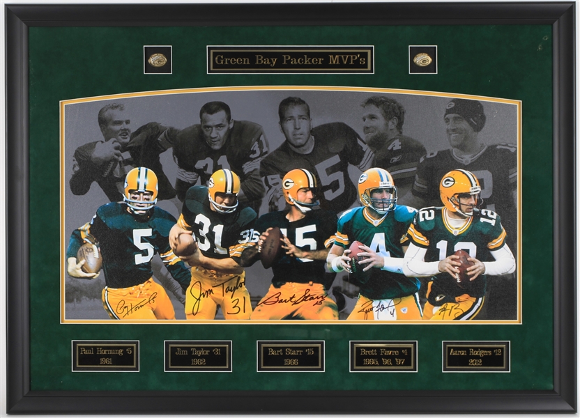 1990s-2000s Paul Hornung, Jim Taylor, Bart Starr, Brett Favre & Aaron Rodgers Green Bay Packers Titletown MVPs Signed 30x42 Framed Print (RoseArt COA)