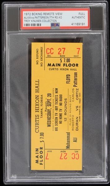 1972 Muhammad Ali vs Floyd Patterson Remote Viewing  Ticket (PSA Slabbed) (Troy Kinunen Collection)