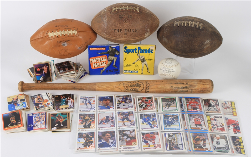 1940s-2000s Sports Memorabilia Collection - Lot of 500+ w/ Trading Cards, Footballs, George Foster Little League Bat & More