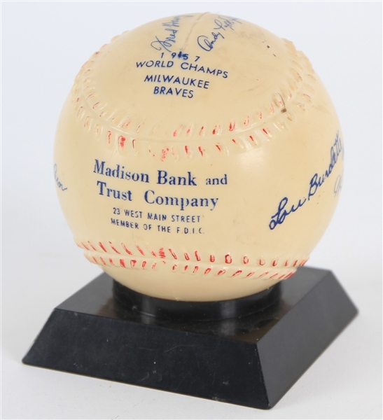 1957 Milwaukee Braves World Champs Madison Bank and Trust Company Facsimile Signed Baseball Shaped Coin Bank