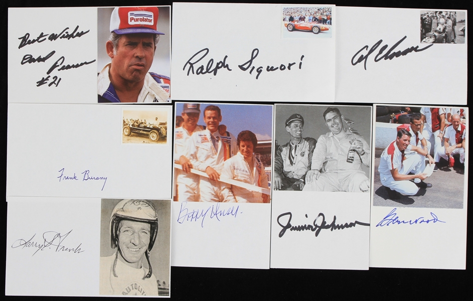 1990s Auto Racing Signed Index Cards - Lot of 8 w/ Al Unser, Bobby Unser, Larry Frank & More (JSA)