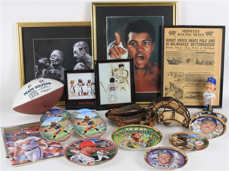 1970s-1990s Football, Baseball, Boxing Framed Prints, Bobble Heads & more (Lot of 45+)