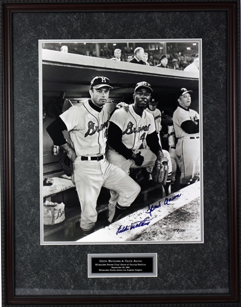 1999 Hank Aaron Eddie Mathews Milwaukee Brewers Signed 24" x 31" Framed Braves Final Game At County Stadium Photo (JSA) 77/100