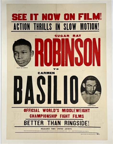 1957-58 Sugar Ray Robinson Carmen Basilio World Middleweight Championship Title Bout 32" x 43" Linenbacked Poster