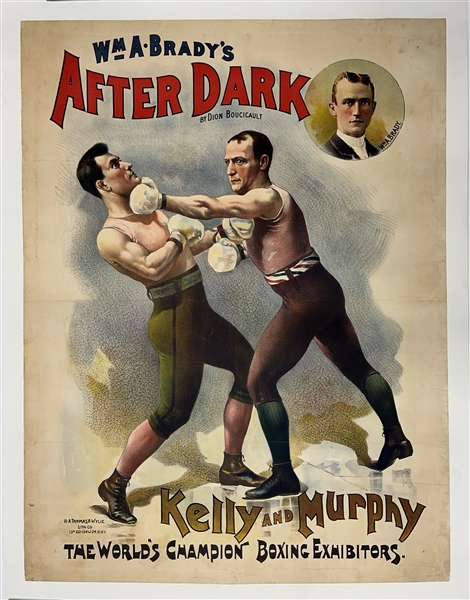 1889 William A Bradys After Dark Kelly and Murphy The Worlds Champion Boxing Exhibitors 33" x 43" Linenbacked Poster