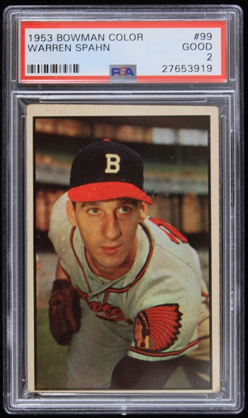 1953 Warren Spahn Milwaukee Braves Bowman Color Baseball Card #99 Graded Good 2 (PSA Slabbed)