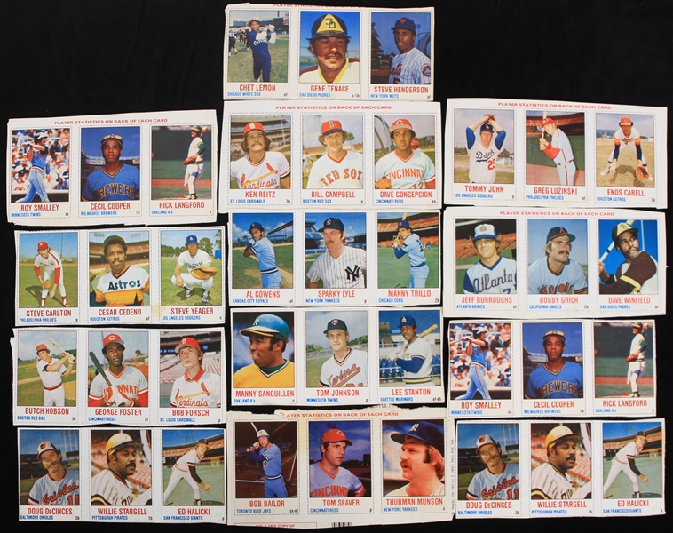 1978 Cecil Cooper Milwaukee Brewers, Tommy John Los Angeles Dodgers, George Foster Cincinnati Reds and more Hostess Trading Card Sheets (Lot of 13)