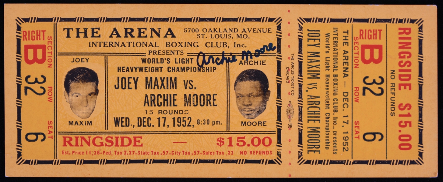 1952 Joey Maxim vs Archie Moore Boxing Ticket Signed by Archie Moore (JSA)
