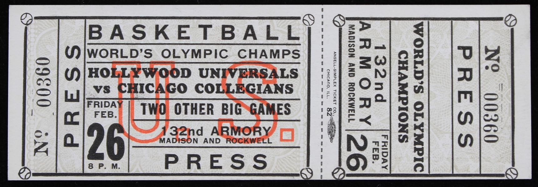 1910-1920s Hollywood Universals vs Chicago Collegians Press Ticket 