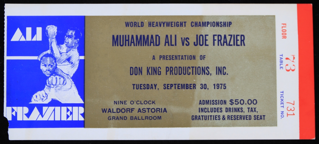 1975 Muhammad Ali vs Joe Frazier World Heavyweight Championship Fight Ticket Stub Signed by Muhammad Ali (Troy Kinunen Collection)(JSA)