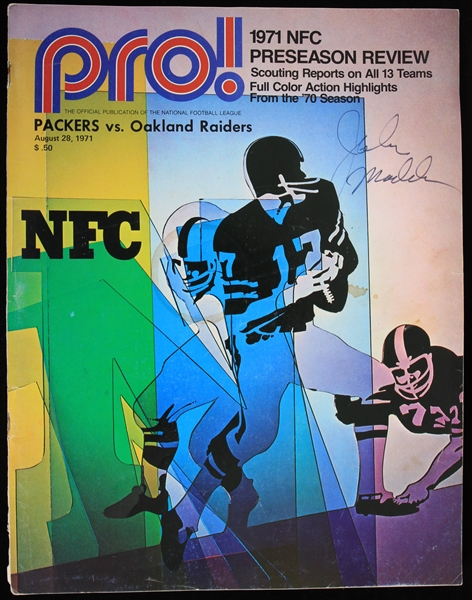 1971 John Madden Autographed Oakland Raiders vs Green Bay Packers Pro Preseason Preview Magazine (JSA)