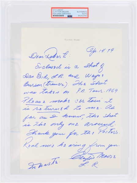 1979 Clayton Moore Lone Ranger Signed 7x10 Document (PSA Slabbed)