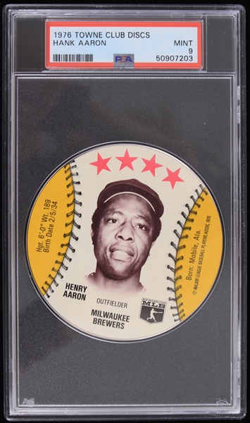 1976 Hank Aaron Milwaukee Brewers Towne Club Disc (PSA MINT 9)