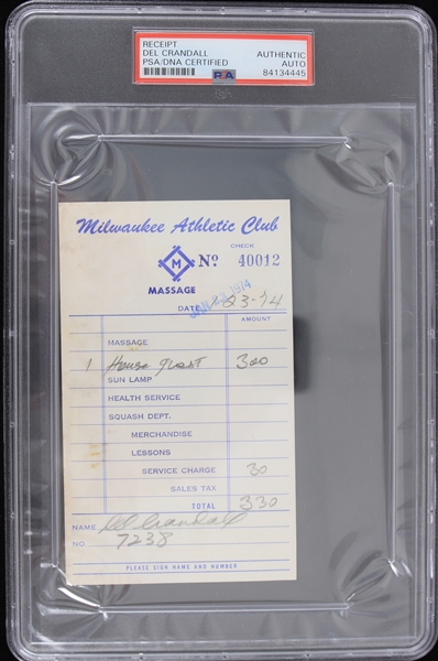 1974 Del Crandall Milwaukee Braves Signed Milwaukee Athletic Club Receipt (PSA Slabbed) 