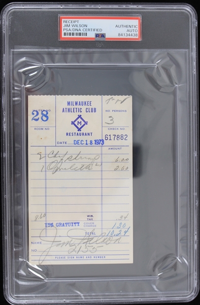 1973 Jim Wilson Milwaukee Braves Signed Milwaukee Athletic Club Receipt (PSA Slabbed) 