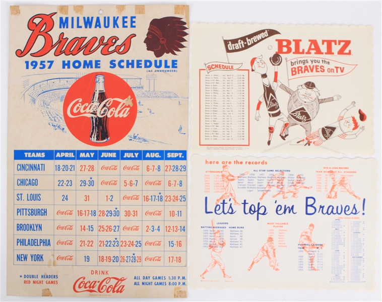 1957-63 Milwaukee Braves Schedule Broadside and Placemats - Lot of 3 