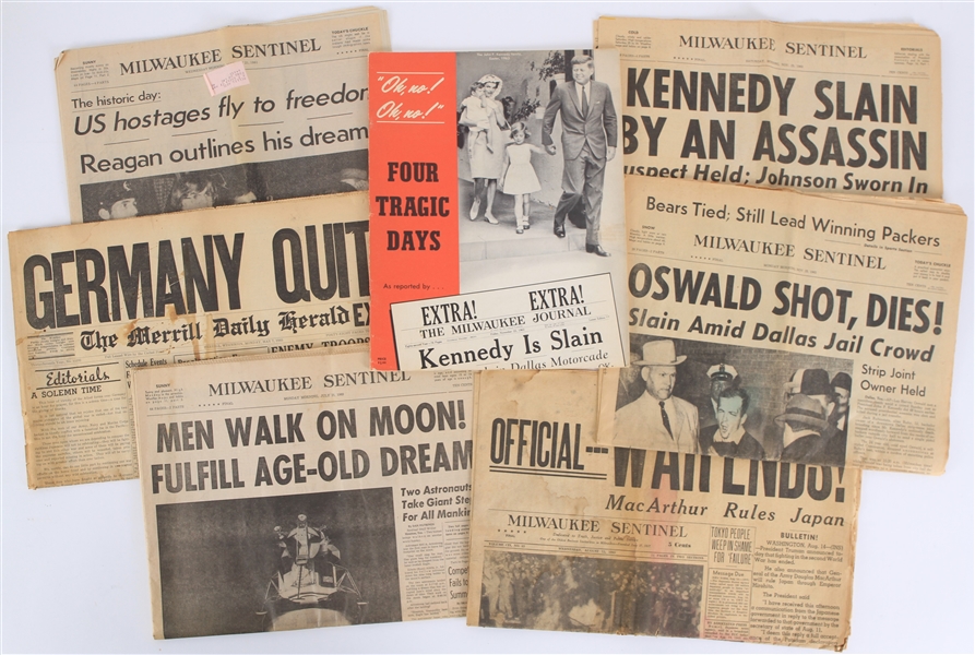 1945-81 Historic Event Newspaper Collection - Lot of 8 w/ WWII, John F Kennedy, Men Walk on Moon & More