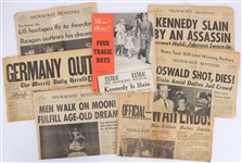 1945-81 Historic Event Newspaper Collection - Lot of 8 w/ WWII, John F Kennedy, Men Walk on Moon & More