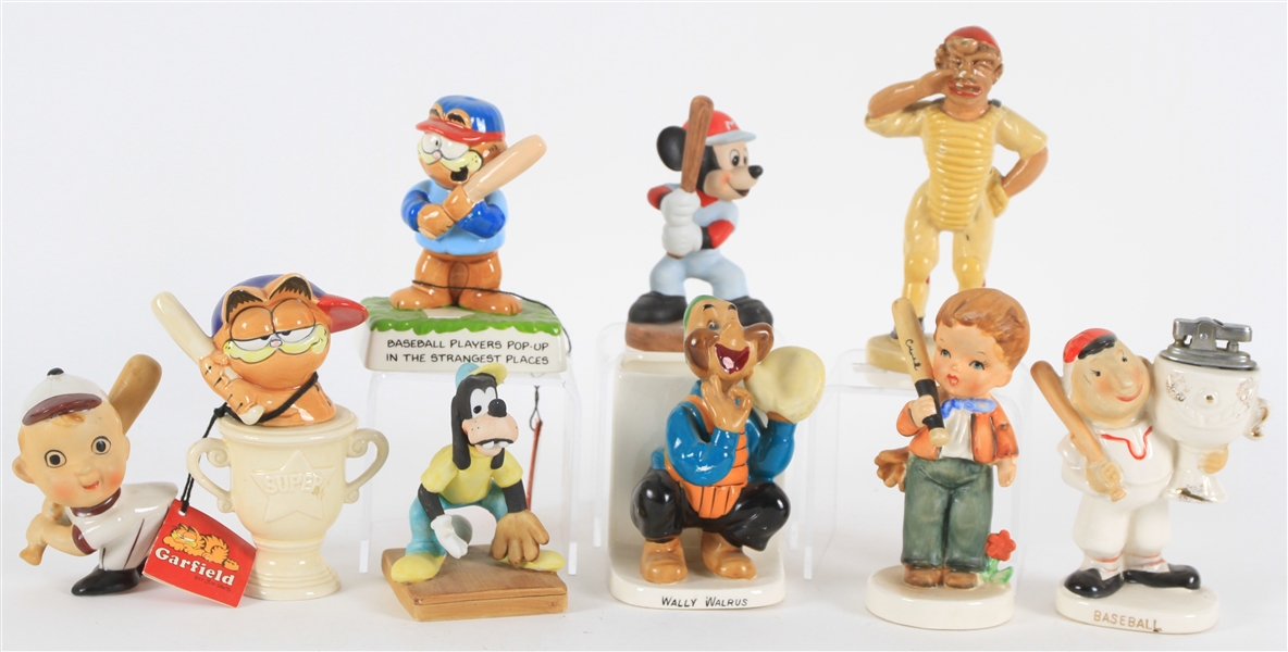 1950s-90s Ceramic Baseball Figure Collection - Lot of 9 w/ Garfield, Mickey Mouse, Goofy, Wally Walrus & More