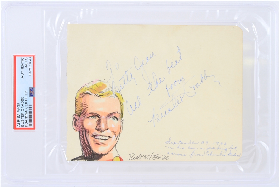 1942 Buster Crabbe Flash Gordon Signed 5x6 Sketched Album Page (PSA/DNA Slabbed)