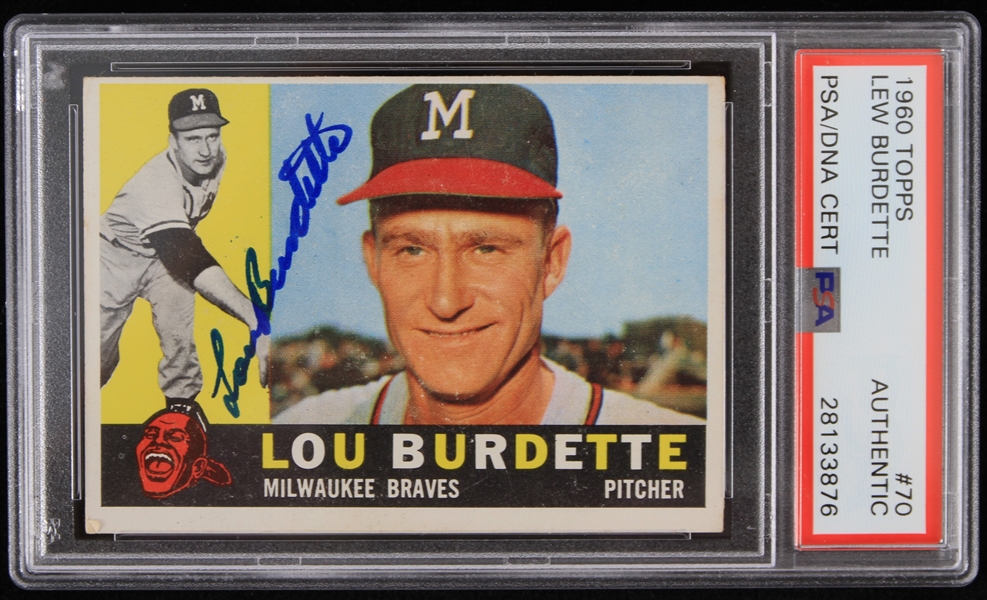 1960 Lew Burdette Milwaukee Braves Signed Topps #70 Trading Card (PSA/DNA Slabbed)