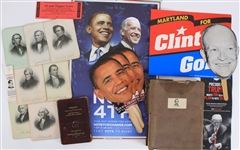 1880s-2020s Presidential Memorabilia Collection - Lot of 11 w/ Charles Rebstock Steel Plate Portraits, Lincoln Lore Bulletins & Campaign Items